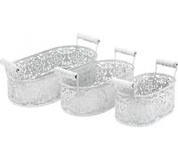 Bols en fil métallique avec dentelle, bacs à plantes blanc-argenté au look shabby chic, set avec poignées 3 pcs.