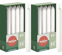 Bolsius - 8 bougies coniques blanches - 17 x 2 cm - Longue durée de combustion de 5 heures - Sans parfum - 25% Cire végétalienne naturelle - Sans goutte - Sans huile de palme (Lot de 2)