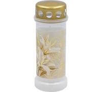 Bolsius Grablicht - Weiß mit Motiv - 12 Stück - Lily - Länge Brenndauer 70 Stunden - Trauerkerze & Gedenkstätte Kerzen - Sauberes Abbrennen - Ohne Palmöl