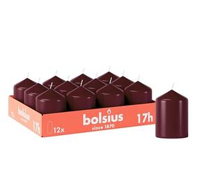 Bolsius - Lot de 12 bougies piliers lisses - Rouge bordeaux - 8 x 6 cm - Bougies décoratives ménagères - Durée de combustion : 17 heures - Non parfumées - Contient de la cire végétale naturelle