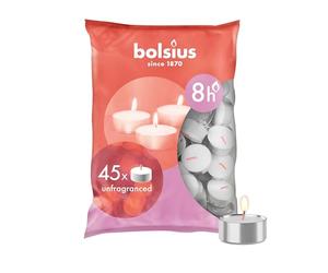 Bolsius Lot de 45 bougies chauffe-plat - Longue durée de combustion de 8 heures - Décoration d'intérieur - Sans parfum - Ne coulent pas, sans fumée ni huile de palme - Cire naturelle végane - Blanc