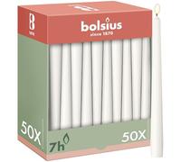 Bolsius Lot de 50 bougies coniques lisses - Blanc - 24,5 cm - Bougies décoratives ménagères - Durée de combustion 7 heures - Non parfumées - Contient de la cire végétale naturelle - Sans huile de