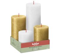 Bolsius - Rustic lot de 4 - Or et Blanc - Non parfumées - Cire végétale naturelle - Sans huile de palme