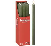 Bolsius - Rustik Lot de 9 bougies à tige - Vert olive - Longueur : 13 heures - Sans parfum - Cire végétale naturelle - Sans goutte - Sans huile de palme - 27 x 2,3 cm