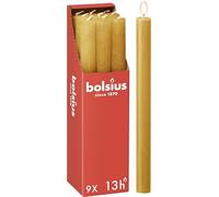 Bolsius - Rustik Lot de 9 bougies à tige - Jaune ocre- Longueur : 13 heures - Sans parfum - Cire végétale naturelle - Sans goutte - Sans huile de palme - 27 x 2,3 cm - Pâques