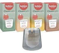 bolsius - Set de Démarrage CleanLight - Bougie Parfumée Rechargeable - Support et 9 Recharges - Multiples Fragrances - Gris - Temps de Combustion de 20 Heures - Extraits Naturels et Cire Végétalienne