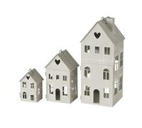 BOLTZE 2049902 Lot de 3 lanternes en métal, Couleur : Gris, L 9-15,5 cm, l 7,5-15,5 cm, H 14-36 cm, Forme de Maison, à Suspendre, décoration, photophore, bougeoir