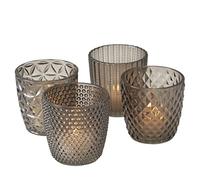 Boltze Ensemble de photophores Marilu 4 pièces (gris, verres décoratifs pour bougies / chauffe-plats, porte-bougies Ø 8 cm, motifs variés, forme ronde, support pour chauffe-plat) 2002930