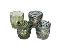 Boltze Ensemble de photophores Marilu 4 pièces (vert, verres décoratifs pour bougies / chauffe-plats, porte-bougies Ø 8 cm, motifs variés, forme ronde, support pour chauffe-plat)