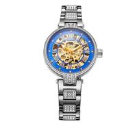 BOLYTE Montre Femme Automatique & Manuelle - Cadran Squelette - Fond du boîtier transparent - Bracelet en acier inoxydable clouté de cristaux avec fermoir papillon, Argent - Bleu roi, Moderne