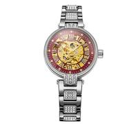 BOLYTE Montre Femme Automatique & Manuelle - Cadran Squelette - Fond du boîtier transparent - Bracelet en acier inoxydable clouté de cristaux avec fermoir papillon, Argent - Fuchsia, Moderne