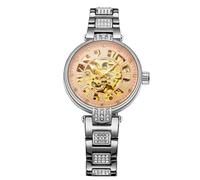 BOLYTE Montre Femme Automatique & Manuelle - Cadran Squelette - Fond du boîtier transparent - Bracelet en acier inoxydable clouté de cristaux avec fermoir papillon, Argent - Rose, Moderne