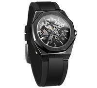 BOLYTE Montre Homme Squelette Automatique Mécanique Aiguilles Lumineuses Bracelet Silicone Noir Boîtier Octogonal, Noir , Militaire