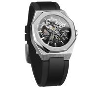 BOLYTE Montre Homme Squelette Automatique Mécanique Aiguilles Lumineuses Bracelet Silicone Noir Boîtier Octogonal, Argenté/noir, Militaire