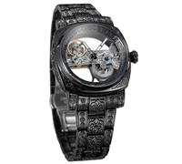BOLYTE Montre mécanique automatique squelette pour homme - Boîtier carré avec gravures vintage, mouvement de pont apparent, aiguilles lumineuses, bracelet en acier inoxydable et fermoir déployant