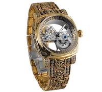 BOLYTE Montre mécanique automatique squelette pour homme - Boîtier carré avec gravures vintage, mouvement de pont apparent, aiguilles lumineuses, bracelet en acier inoxydable et fermoir déployant