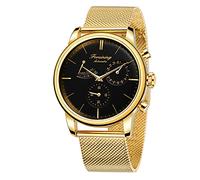 BOLYTE Montre pour Homme Analogique Automatique Mécanique avec Indicateur de Réserve de Marche Mouvement Seagull et Bracelet en Acier Inoxydable, Doré/Noir