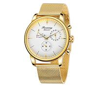 BOLYTE Montre pour Homme Analogique Automatique Mécanique avec Indicateur de Réserve de Marche Mouvement Seagull et Bracelet en Acier Inoxydable, Doré/Blanc