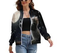 Bomber Femme, Ciel Étoilé Animaux Veste Femme Blouson, Bomber Blouson Zippé a Motifs Lève-Toi Chat, Bombers Jacket Noir Manches Longues Manteau Sport Outwear