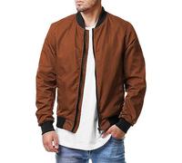 Bombers Homme,Blouson Aviateur Pour Homme Léger Blouson Tunique Veste Coupe Ajustée Veste De Transition De Couleur Unie Manteau De Baseball Veste Décontractée À Poches Multiples Collegejacke,Marron,