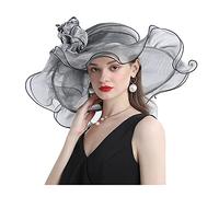 BOMBIKINI Chapeau à Large Bord pour Femme avec décoration Papillon Chapeau Fashion en Organza Chapeau Plat à Fleurs Chapeau de Mariage,Gris