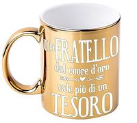 Bombo Tasse en céramique métallisée couleur or pour célébrer le frère, avec la phrase Un frère au cœur d'or vaut plus qu'un trésor