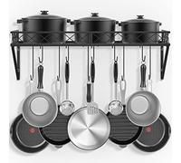 Bomclap Étagère de cuisine en fer à suspendre avec 10 crochets, étagère murale de cuisine, étagère pour casseroles et poêles, 70 x 28 x 23 cm, noir