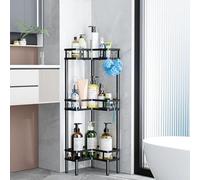 Bomclap Étagère de douche à 3 niveaux, sans perçage, en métal, avec pieds réglables et 2 crochets, étagère d'angle autoportante, pour salle de bain, balcon et cuisine, noire