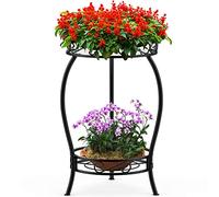 Bomclap Support de plante en métal court (rond) - Support de plante en fer noir à deux niveaux avec revêtement en poudre, résistant aux intempéries et facile à installer