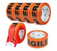 BOMEI PACK FRAGILE Orange Ruban d’emballage sécurité 66m x 48mm-6 rouleaux avec dévidoir Adhésif fort pour colis, entrepôt, e-commerce