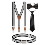 BomGuard enfant bretelles + nœud papillon + cravate + ceinture lot de 4, pour garçon fille,noir 4 traits