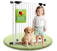 BOMI Baby Barrière d'escalier Mira | sans percer | 90 Stop | Fermeture Automatique | Barrière d'escalier à Clipser en Blanc | Barrière d'escalier sans percer en métal pour Enfants | 193-201 cm