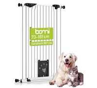 BOMI Mira - Grille de protection pour animaux - Avec chatière - Barrière idéale pour chien, chat et chiots - En métal blanc - Largeur : 143-153 cm