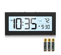 Bomivoi Horloge numérique à piles, horloge numérique LCD avec affichage de la date et de la température, 5 alarmes, répétition, 12/24 h, gradation automatique, rétroéclairage 5 s, petit réveil pour