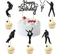 BOMJJOR Lot de 7 décorations de gâteau d'anniversaire et collier MJ Dance King Forever Happy Birthday Cake Topper Michael Jacksn Pendentif Thème Fête Décorations de gâteau