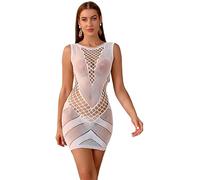 Bommi Fairy Robe en dentelle à mailles de poisson pour femme, sexy, avec tube, élastique, col rond, pour les fêtes et les clubs, Blanc, XS-XXL