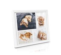 BOMOE Galeria Multi Cadre Photo pour 4 Photos (1x 15x21, 3x 10x15 cm) - Cadre Photo en Bois & Verre Plastique avec Suspension Métallique, Pied de Support & Passepartout - Décoration Murale - Blanc