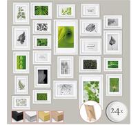 BOMOE Nature Lot de Cadres Photo 24 Pcs 10x 10x15 cm, 8x 13x18 cm, 4x 15x20 cm, 2x 20x30 cm Collages de Photos - Cadres Photo Blanc avec Passepartout - Cadre Décoration Murale Bois et Verre Plastique