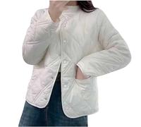 Bon Plan Doudoune légère pour femme - Veste matelassée sans col - Veste d'hiver boutonnée à manches longues et col rond - Manteau léger et chaud, blanc, L