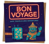 Bon Voyage Safe Travels & Big Adventures Carte de départ - Motif valise de voyage style néon - Carte d'adieu/bonne chance - 145 mm x 145 mm - Enveloppe kraft incluse