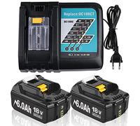 Bonadget 2 batteries de rechange haute capacité 18 V 6 A pour Makita + chargeur 3 A DC18RCT DC18RA BL1860B BL1860 BL1850B BL1850 BL1840 BL1840B BL1830B BL1830 BL1820 BL1845 avec LED Batterie d'outil