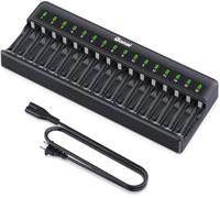 BONAI 16 Slots Chargeur Piles Rechargeable pour AA/AAA Ni-MH, Contrôle Indépendant par Slot, LED Intelligente, Détection Automatique des Piles Non-Rechargeables, Détection de température Excessive
