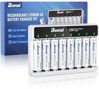 BONAI 8 Slots Chargeur avec 8 Piles AA Lithium Rechargeables 1.5V 3600mWh | 8 slots indépendants, 1.5V, intelligent LED, USB-C, 3600mWh, 2000 cycles, idéal pour manettes Xbox et caméras de sécurité