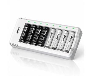 BONAI 8 Slots Chargeur de Piles avec 4 AA et 4 AAA NiMH Rechargeables | 8 slots indépendants, AA 2800mAh, AAA 1100mAh, 1.2V, 1200 cycles, intelligent LED, faible autodécharge
