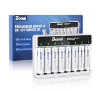 BONAI Lot de 8 piles au lithium AA rechargeables - 1,5 V - 3600 mWh - Haute capacité - Avec chargeur heures - Batterie au lithium AA AAA rapide pour caméra d'extérieur, Smart Lock, lampes de poche