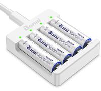 BONAI Piles Rechargeables Lithium AA 1,5V - Chargeur Rapide avec 4 Packs d'Accus 3000mWh Haute Capacité, Faible Auto-décharge, Protection de Charge Intelligente - Chargeur de Type C