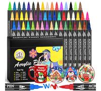Bonala 50 stylos acryliques à double pointe avec pointe fine et pinceau - Marqueurs acryliques de qualité supérieure - Étanches - Pour peinture sur pierre, bois, plastique, tissu et projets de