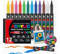 Bonala Feutre Acrylique 12 Couleurs, Marqueur Acrylique Pointe Pinceau Permanent pour Pierre, Galets, Bois, Verre, Céramique, Tissu, Plastique & Métal, Acrylic Paint Markers pour Coloriage Adulte