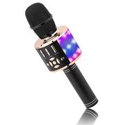 BONAOK Microphone Bluetooth sans Fil, Micro Enfants avec Lumières LED, Mini Machine Karaoké pour Fête/Maison/Anniversaire, Compatible avec Bluetooth iOS Android (Or Noir)