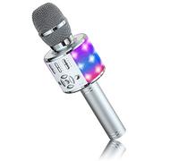 BONAOK Microphone Bluetooth sans Fil, Micro Enfants avec Lumières LED, Mini Machine Karaoké pour Fête/Maison/Anniversaire, Compatible avec Bluetooth iOS Android (Argent)